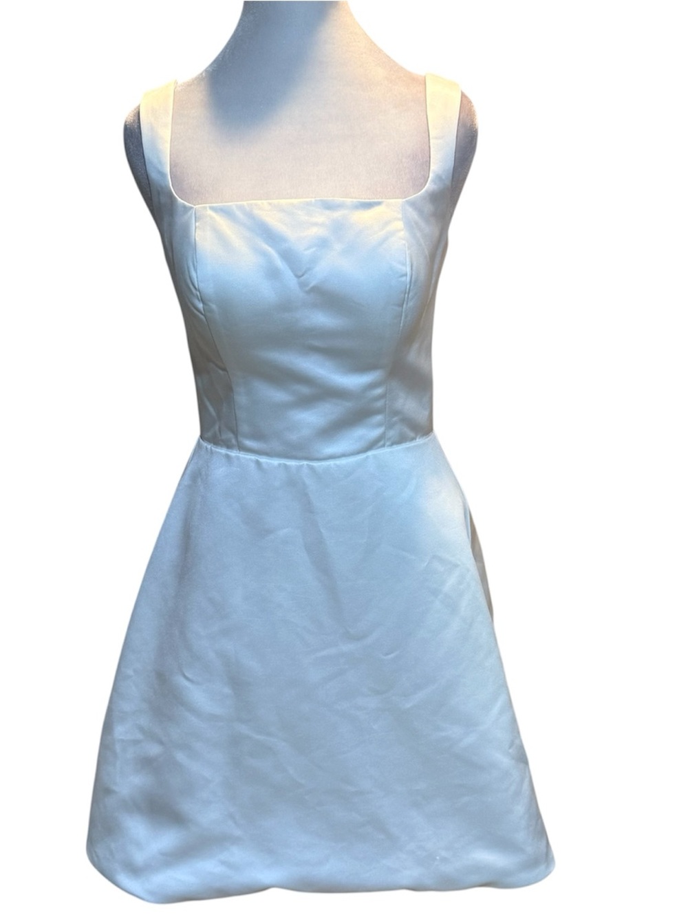 Square neck, white mini dress. High quality wedding dress level satin. No tags.